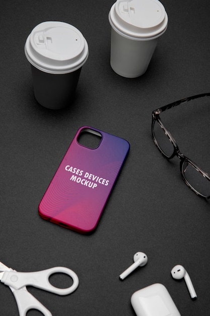 PSD top view on phone case mockup