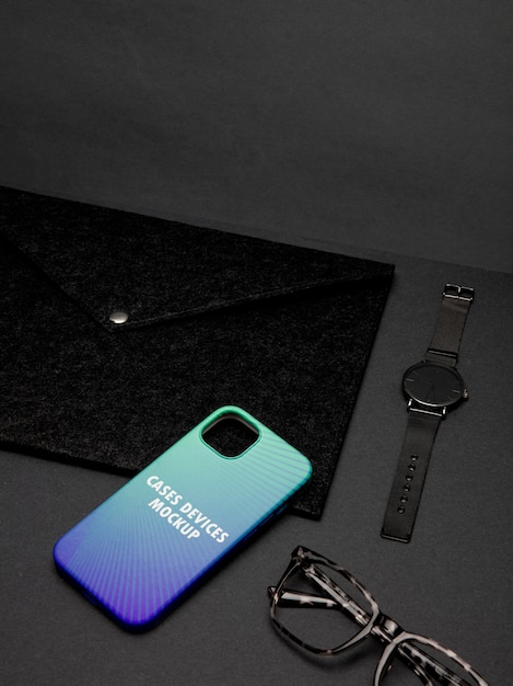 PSD top view on phone case mockup