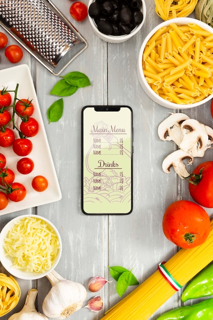 Top view phone mock-up italian menu