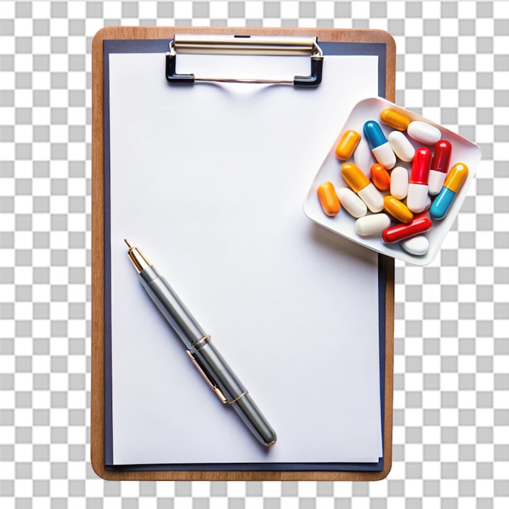 PSD top view of pills with paper holder and pen isolated on transparent background