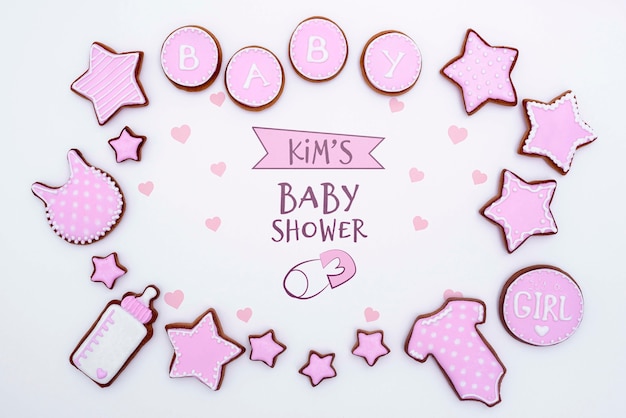 top view of pink baby shower decorations