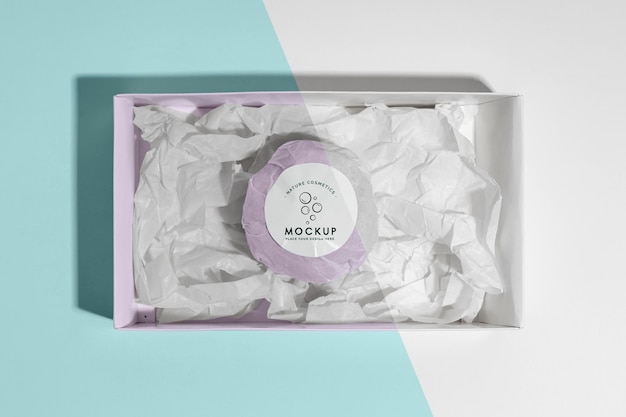 top view pink bath bomb in box