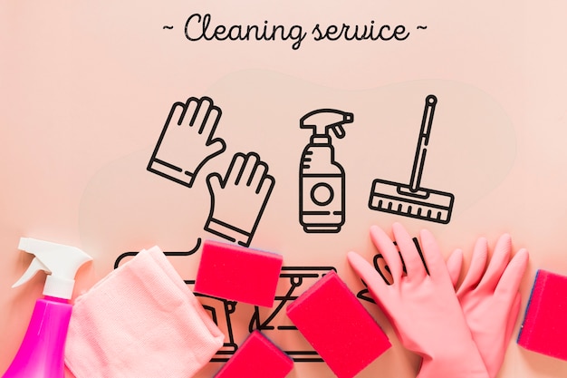 top view pink cleaning service equipment