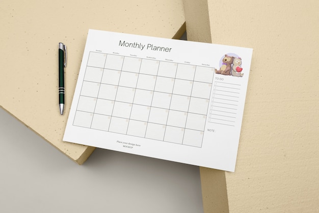 PSD top view on planner mockup design