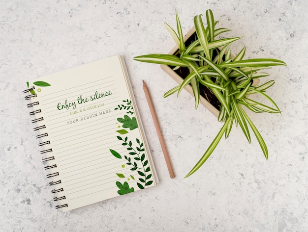 Top view plant surrounded by notepad with mock-up