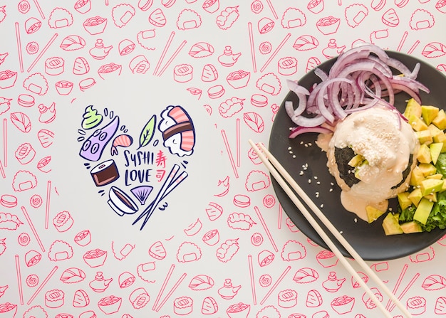 PSD top view of plate of food with pink background