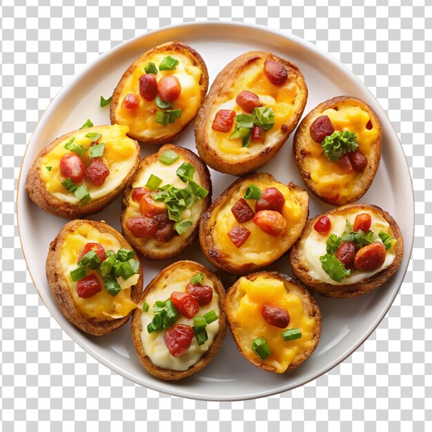 Top view plate of loaded potato skins with bacon