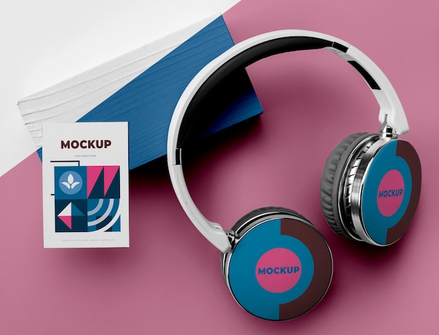 top view poster mockup and headphones
