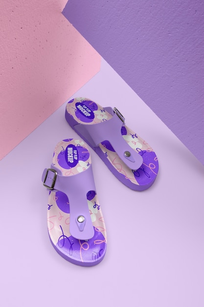 PSD top view purple flip flops in studio