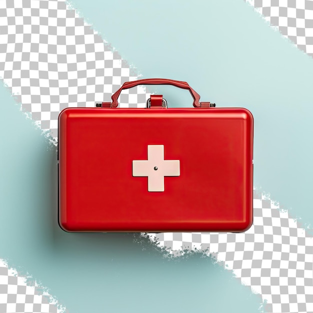 Top view of red first aid kit on transparent background