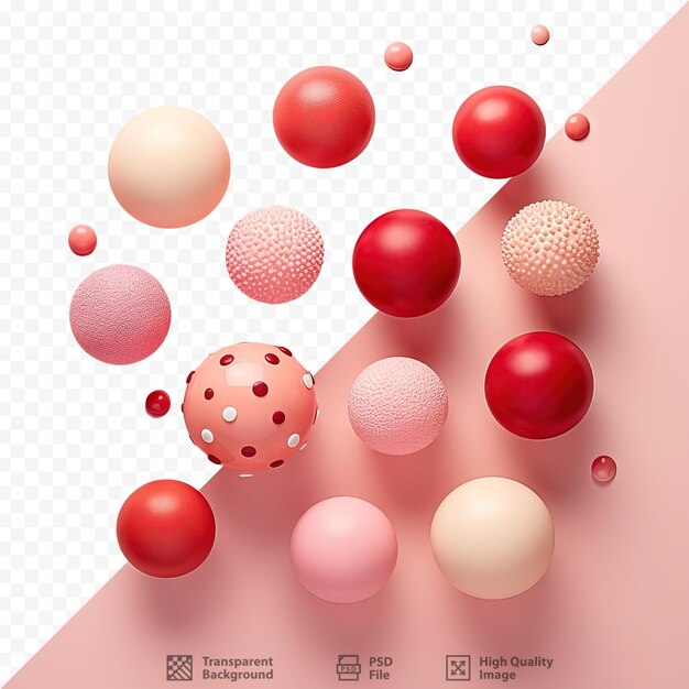 Top view of red and pink balls on a transparent background in a flat lay