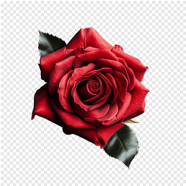 PSD top view of red rose flower with leaves png isolated background