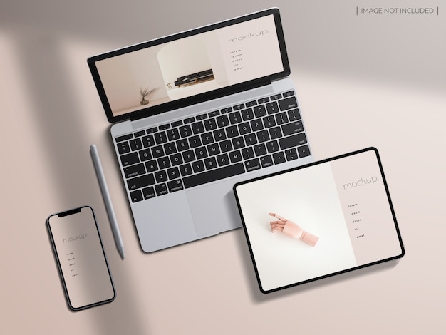 PSD top view responsive devices screens mockup