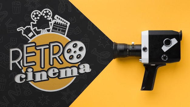 Top view retro cinema doodles and old camera