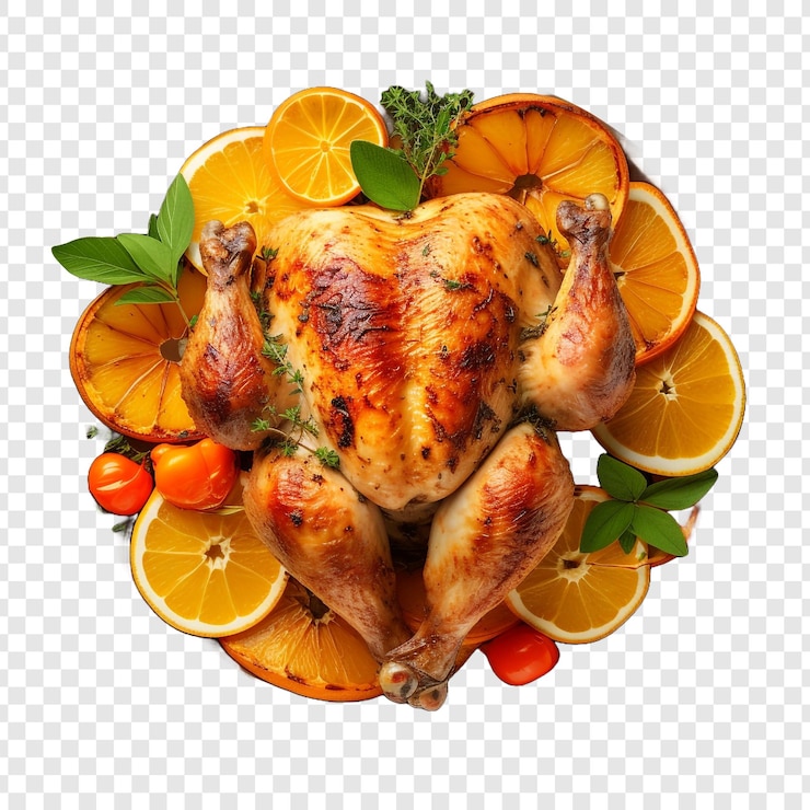 PSD top view of roasted chicken oranges and vegetables isolated on transparent background