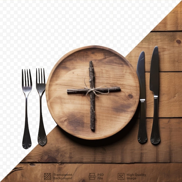 PSD top view of rustic wooden table with cross mark fork and knife