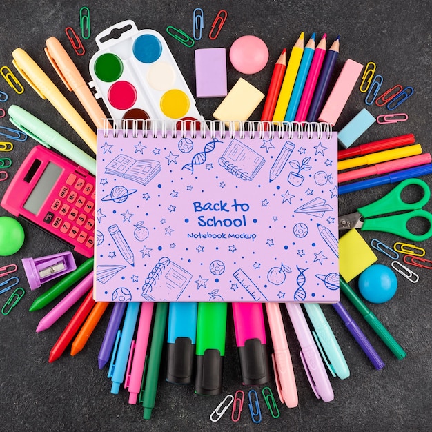 PSD top view school supplies arrangement