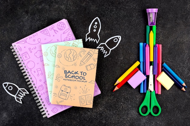 Top view school supplies arrangement