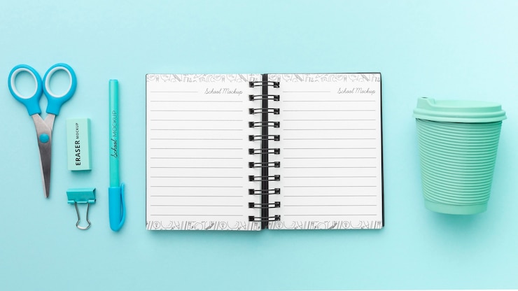 PSD top view of school supplies collection mock-up