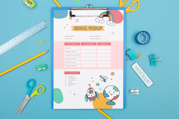 PSD top view school supplies composition mockup