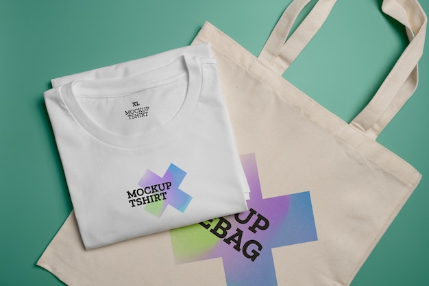 Top view shirt and tote bag mockup