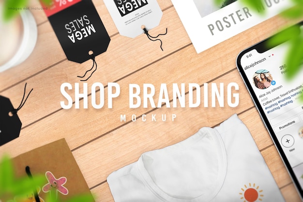 PSD top view shop branding mockup with tshirt design phone screen price tags and poster mockup