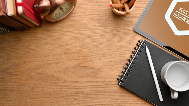 Top view of simple workspace with digital tablet stylus pen mockup