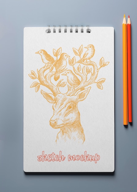 PSD top view on sketchbook mockup design