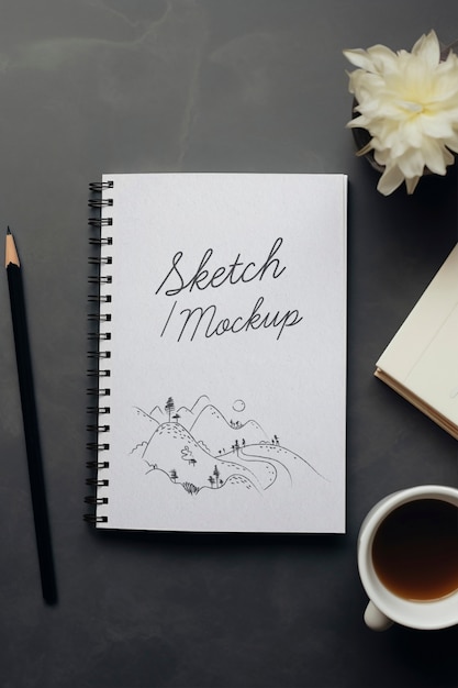 PSD top view on sketchbook mockup design