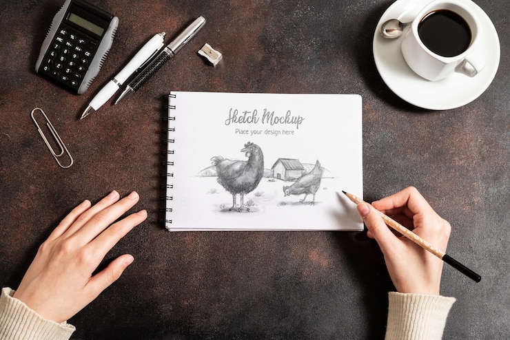 PSD top view on sketchbook mockup