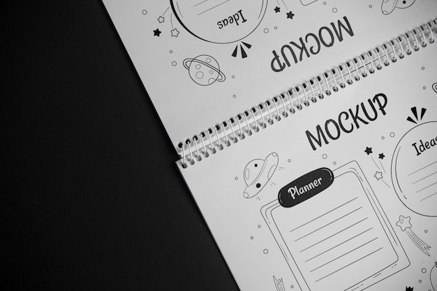 PSD top view sketchbook with drawings mockup