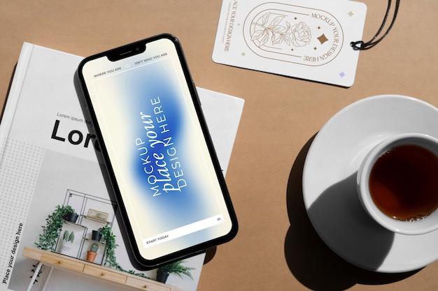 PSD top view smartphone and label mockup