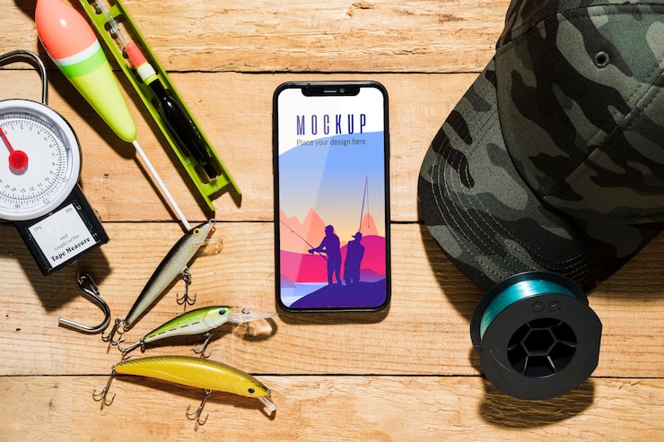 PSD top view of smartphone with fishing bait