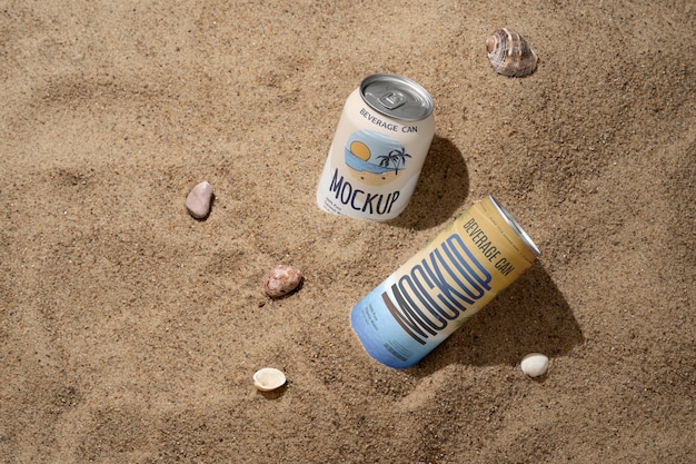 PSD top view soda can on the beach