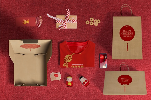 top view special gift sales with wrapping paper and boxes
