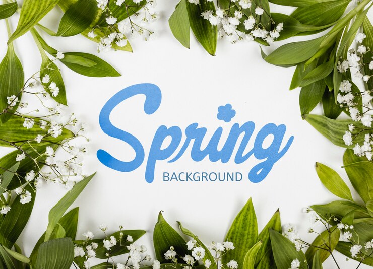 PSD top view of spring flowers with leaves