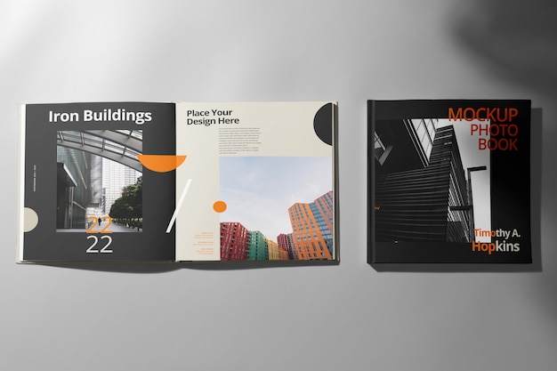 PSD top view on square book mockup