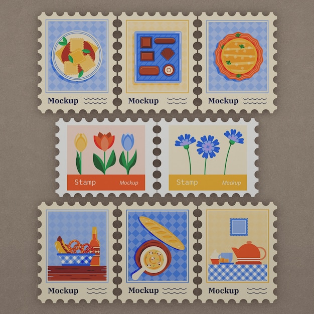 PSD top view on stamps mockup design