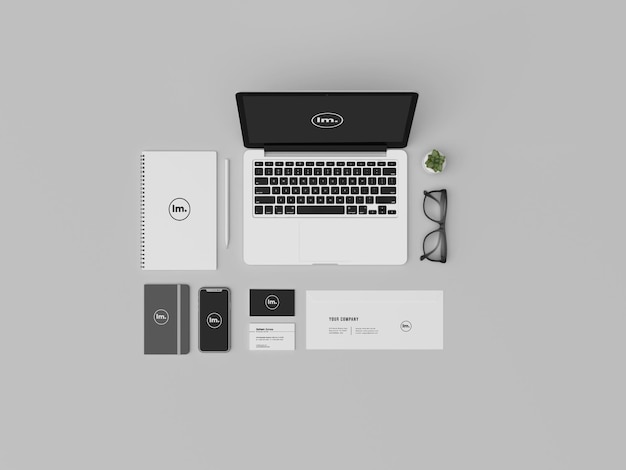 PSD vista dall'alto e design mockup fisso con laptop