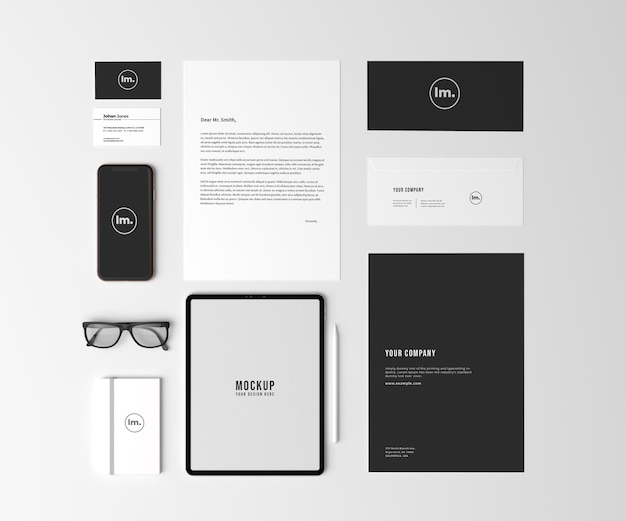PSD top view stationery and branding mockup design
