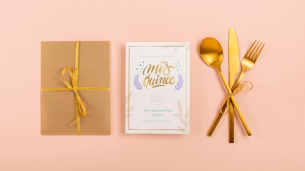 top view stationery items for sweet fifteen event