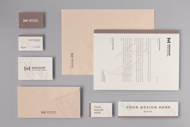 Top view on stationery kit mockup