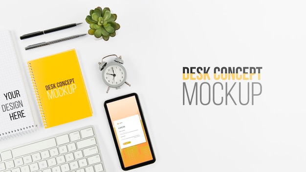 top view stationery minimal desk concept