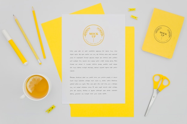 PSD top view stationery mock-up with juice