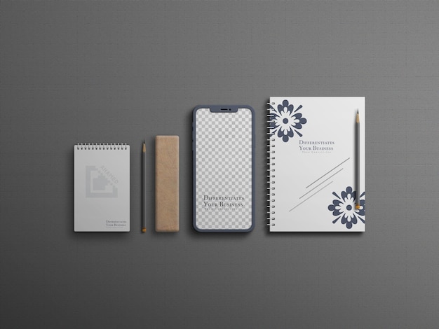 Top View Stationery Mockup with Mobile Phone