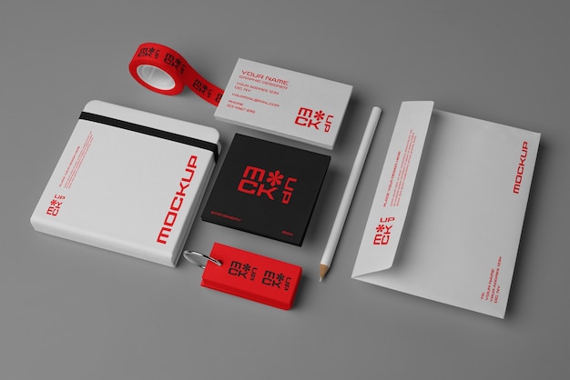 Top view on stationery set mockup
