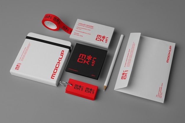 PSD top view on stationery set mockup