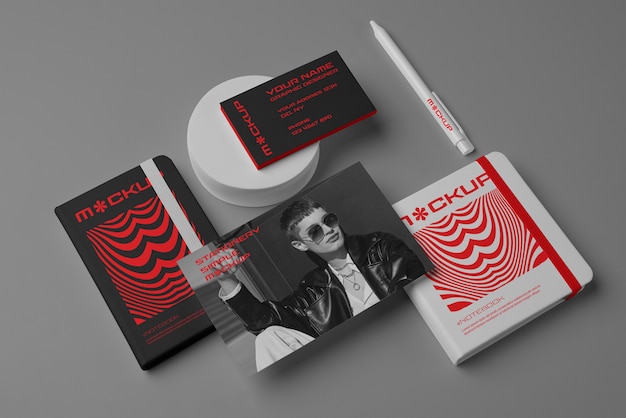 PSD top view on stationery set mockup