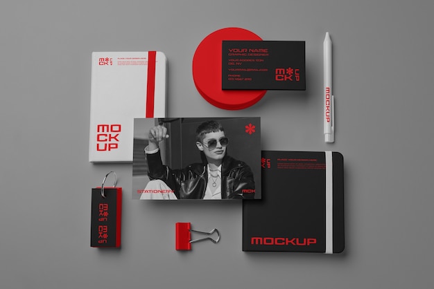 PSD top view on stationery set mockup