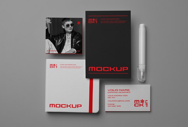 PSD top view on stationery set mockup